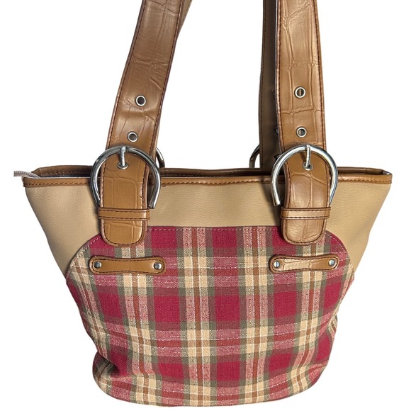 Longaberger Plaid Tote Bag Red Tan Shoulder Purse Zip Top Cottage Fall Handbag - Picture 3 of 8